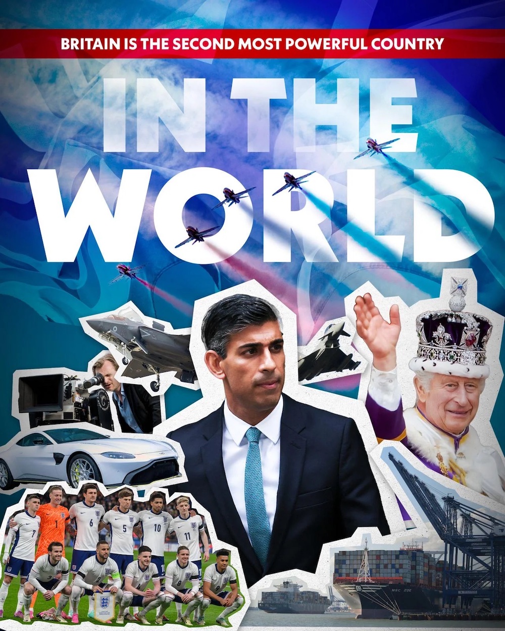 Collage Conservative party ad featuring King Charles and the England football team